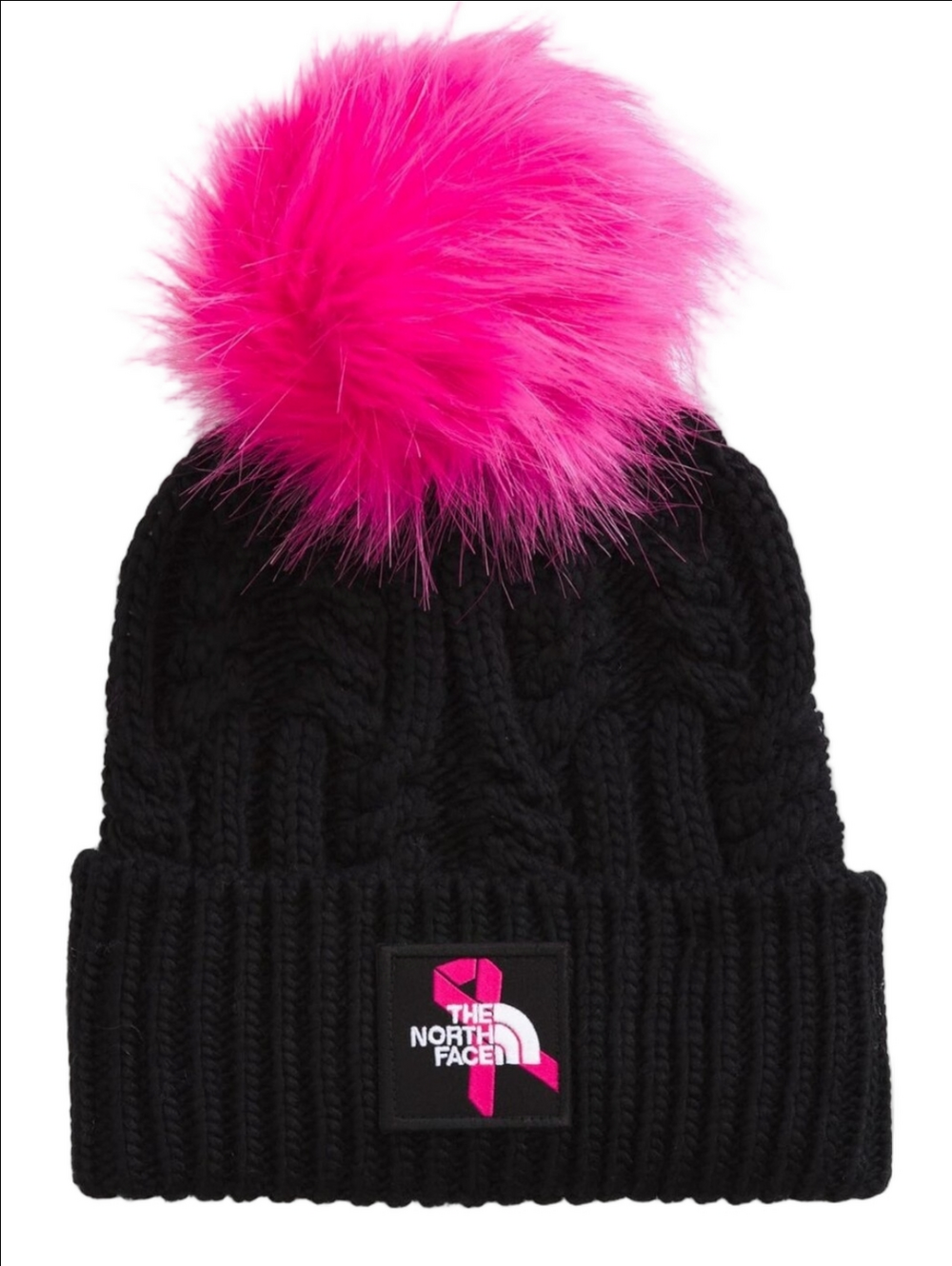 🆕🩷 NORTH FACE BREAST CANCER AWARENESS BLACK CABLE KNIT WINTER HAT BEANIE